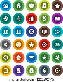 White Solid Icon Set- graduate hat vector, clipboard, certificate, pie graph, japanese candle, money bag, dollar growth, bank building, target, cent sign, medal, stairways run, top, favorites, coin
