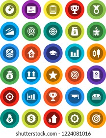 White Solid Icon Set- graduate hat vector, clipboard, award cup, certificate, graph, pie, japanese candle, money bag, dollar growth, bank building, target, medal, stairways run, top sign, favorites