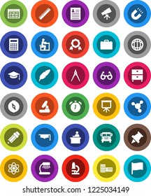 White Solid Icon Set- graduate hat vector, pen, pencil, school building, ruler, drawing compass, glasses, student, case, atom, telescope, microscope, table lamp, calculator, alarm clock, schedule