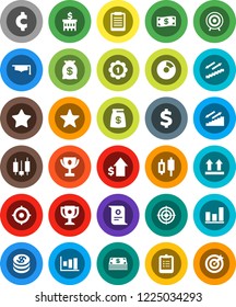 White Solid Icon Set- graduate hat vector, clipboard, award cup, certificate, graph, pie, japanese candle, dollar growth, bank building, target, cent sign, medal, stairways run, top, favorites, coin