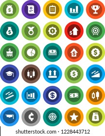 White Solid Icon Set- graduate hat vector, clipboard, award cup, certificate, graph, pie, japanese candle, money bag, dollar growth, bank building, medal, cent sign, target, stairways run, top, coin