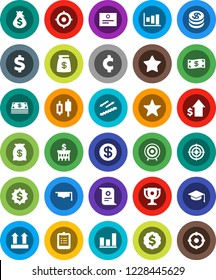 White Solid Icon Set- graduate hat vector, clipboard, award cup, certificate, graph, japanese candle, money bag, dollar growth, bank building, target, medal, cent sign, stairways run, top, favorites