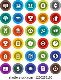 White Solid Icon Set- graduate hat vector, clipboard, award cup, certificate, pie graph, japanese candle, dollar growth, target, medal, cent sign, stairways run, top, favorites, coin, cash