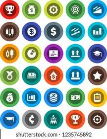 White Solid Icon Set- graduate hat vector, clipboard, award cup, certificate, graph, pie, japanese candle, money bag, dollar growth, bank building, cent sign, target, medal, stairways run, top, coin