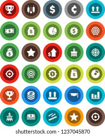 White Solid Icon Set- graduate hat vector, award cup, graph, pie, japanese candle, money bag, dollar growth, bank building, target, medal, cent sign, stairways run, top, favorites, coin, cash