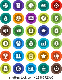 White Solid Icon Set- graduate hat vector, clipboard, award cup, certificate, graph, pie, japanese candle, money bag, bank building, target, dollar medal, top sign, favorites, coin, cash