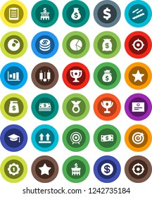 White Solid Icon Set- graduate hat vector, clipboard, award cup, certificate, graph, pie, japanese candle, money bag, bank building, target, dollar sign, medal, stairways run, top, favorites, coin