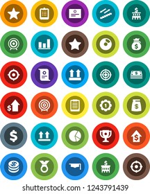 White Solid Icon Set- graduate hat vector, clipboard, award cup, certificate, graph, pie, money bag, dollar growth, bank building, target, sign, medal, stairways run, top, favorites, coin, cash
