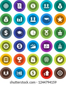 White Solid Icon Set- graduate hat vector, clipboard, award cup, certificate, graph, pie, japanese candle, money bag, dollar growth, bank building, medal, sign, target, stairways run, top, favorites