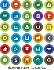 White Solid Icon Set- graduate hat vector, clipboard, award cup, certificate, graph, pie, japanese candle, money bag, dollar growth, medal, cent sign, target, stairways run, top, coin, cash