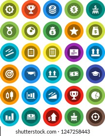White Solid Icon Set- graduate hat vector, clipboard, award cup, certificate, graph, pie, japanese candle, money bag, dollar growth, bank building, medal, stairways run, top sign, favorites, coin