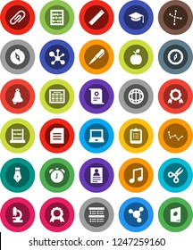 White Solid Icon Set- graduate hat vector, pen, ruler, apple fruit, bell, notebook pc, alarm clock, schedule, clipboard, compass, medal, certificate, scissors, abacus, music, world, document, exam