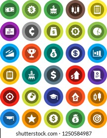 White Solid Icon Set- graduate hat vector, clipboard, award cup, certificate, graph, pie, japanese candle, money bag, dollar growth, bank building, target, medal, cent sign, stairways run, favorites