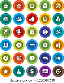 White Solid Icon Set- graduate hat vector, clipboard, award cup, certificate, graph, pie, japanese candle, money bag, dollar growth, bank building, target, medal, sign, stairways run, top, favorites