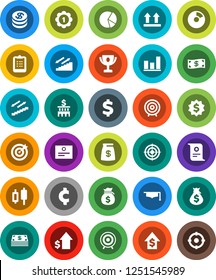 White Solid Icon Set- graduate hat vector, clipboard, award cup, certificate, graph, pie, japanese candle, money bag, dollar growth, bank building, target, medal, cent sign, stairways run, top, coin