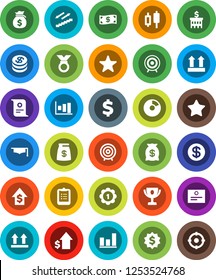 White Solid Icon Set- graduate hat vector, clipboard, award cup, certificate, graph, pie, japanese candle, money bag, dollar growth, bank building, target, medal, sign, stairways run, top, favorites