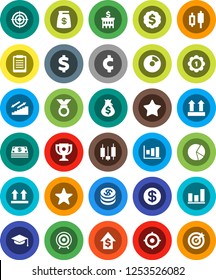 White Solid Icon Set- graduate hat vector, clipboard, award cup, graph, pie, japanese candle, money bag, dollar growth, bank building, target, medal, cent sign, stairways run, top, favorites, coin