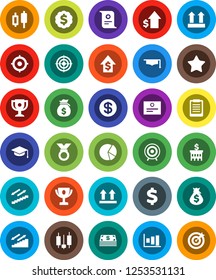 White Solid Icon Set- graduate hat vector, clipboard, award cup, certificate, graph, pie, japanese candle, money bag, dollar growth, bank building, target, medal, sign, stairways run, top, favorites