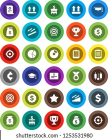 White Solid Icon Set- graduate hat vector, clipboard, award cup, certificate, pie graph, japanese candle, money bag, bank building, target, dollar medal, cent sign, stairways run, top, favorites