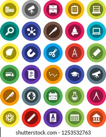 White Solid Icon Set- graduate hat vector, pencil, school building, ruler, drawing compass, backpack, atom, pen, telescope, bell, notebook pc, schedule, clipboard, certificate, magnet, scissors, bus