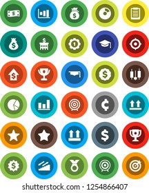 White Solid Icon Set- graduate hat vector, clipboard, award cup, graph, pie, japanese candle, money bag, dollar growth, bank building, target, medal, cent sign, stairways run, top, favorites, cash