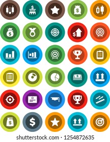 White Solid Icon Set- graduate hat vector, clipboard, award cup, certificate, graph, pie, japanese candle, money bag, dollar growth, bank building, target, sign, medal, stairways run, top, favorites