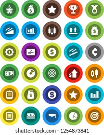 White Solid Icon Set- graduate hat vector, clipboard, award cup, certificate, graph, pie, japanese candle, money bag, dollar growth, bank building, medal, cent sign, target, stairways run, top, coin