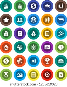 White Solid Icon Set- graduate hat vector, clipboard, award cup, certificate, graph, pie, japanese candle, money bag, dollar growth, bank building, target, medal, stairways run, top sign, favorites