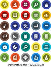 White Solid Icon Set- graduate hat vector, university, school building, blackboard, corner ruler, student, case, backpack, atom, microscope, calculator, notebook pc, schedule, clipboard, magnet