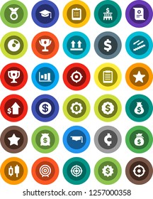 White Solid Icon Set- graduate hat vector, clipboard, award cup, certificate, graph, pie, japanese candle, money bag, dollar growth, bank building, target, medal, cent sign, stairways run, top, coin
