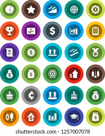 White Solid Icon Set- graduate hat vector, clipboard, award cup, certificate, graph, pie, japanese candle, money bag, dollar growth, bank building, medal, cent sign, target, stairways run, top