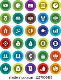 White Solid Icon Set- graduate hat vector, clipboard, certificate, graph, pie, japanese candle, money bag, dollar growth, bank building, target, cent sign, medal, stairways run, top, coin, cash