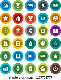 White Solid Icon Set- graduate hat vector, clipboard, award cup, certificate, graph, pie, money bag, dollar growth, bank building, target, cent sign, medal, stairways run, top, favorites, cash