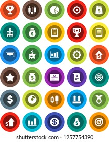 White Solid Icon Set- graduate hat vector, clipboard, award cup, certificate, graph, pie, japanese candle, money bag, dollar growth, bank building, target, sign, medal, top, favorites, coin