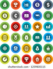 White Solid Icon Set- graduate hat vector, clipboard, award cup, certificate, graph, pie, money bag, dollar growth, bank building, target, medal, cent sign, top, favorites, coin, cash