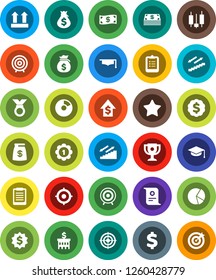 White Solid Icon Set- graduate hat vector, clipboard, award cup, certificate, pie graph, japanese candle, money bag, dollar growth, bank building, target, medal, sign, stairways run, top, favorites