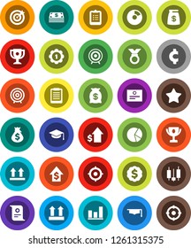 White Solid Icon Set- graduate hat vector, clipboard, award cup, certificate, graph, pie, japanese candle, money bag, dollar growth, target, medal, cent sign, top, favorites, cash
