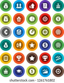White Solid Icon Set- graduate hat vector, clipboard, award cup, certificate, pie graph, japanese candle, money bag, dollar growth, bank building, target, medal, cent sign, stairways run, top, coin