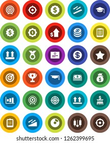 White Solid Icon Set- graduate hat vector, clipboard, award cup, certificate, graph, pie, japanese candle, money bag, dollar growth, bank building, target, medal, stairways run, top sign, favorites