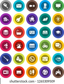 White Solid Icon Set- graduate hat vector, japanese candle, crisis, check, presentation board, calendar, fitness mat, Railway carriage, consolidated cargo, gamepad, dialog, potion, connection, pond