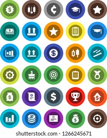 White Solid Icon Set- graduate hat vector, clipboard, award cup, certificate, graph, japanese candle, money bag, dollar growth, bank building, medal, cent sign, target, stairways run, top, favorites