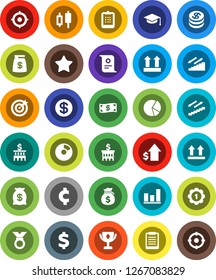 White Solid Icon Set- graduate hat vector, clipboard, award cup, certificate, graph, pie, japanese candle, money bag, dollar growth, bank building, target, cent sign, medal, stairways run, top, coin
