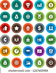 White Solid Icon Set- graduate hat vector, award cup, certificate, graph, pie, japanese candle, money bag, dollar growth, bank building, target, medal, cent sign, stairways run, top, favorites, coin