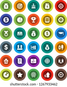 White Solid Icon Set- graduate hat vector, clipboard, award cup, certificate, graph, pie, japanese candle, money bag, dollar growth, bank building, target, medal, sign, top, favorites, coin, cash