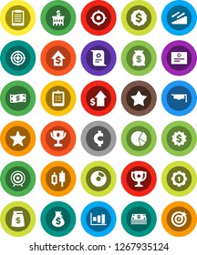 White Solid Icon Set- graduate hat vector, clipboard, award cup, certificate, graph, pie, japanese candle, money bag, dollar growth, bank building, target, medal, cent sign, stairways run, favorites