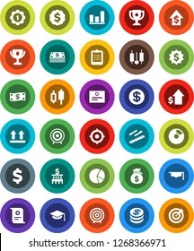 White Solid Icon Set- graduate hat vector, clipboard, award cup, certificate, graph, pie, japanese candle, money bag, dollar growth, bank building, target, medal, sign, stairways run, top, coin