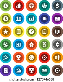 White Solid Icon Set- graduate hat vector, clipboard, award cup, certificate, graph, pie, japanese candle, dollar growth, target, medal, cent sign, stairways run, top, favorites, cash