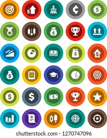 White Solid Icon Set- graduate hat vector, clipboard, award cup, certificate, graph, pie, japanese candle, money bag, dollar growth, bank building, target, medal, cent sign, stairways run, top, cash