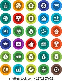 White Solid Icon Set- graduate hat vector, award cup, certificate, graph, pie, japanese candle, money bag, dollar growth, bank building, medal, target, stairways run, top sign, coin, cash