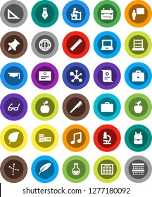 White Solid Icon Set- graduate hat vector, pen, school building, blackboard, corner ruler, glasses, student, case, backpack, apple fruit, microscope, notebook pc, schedule, paper pin, certificate